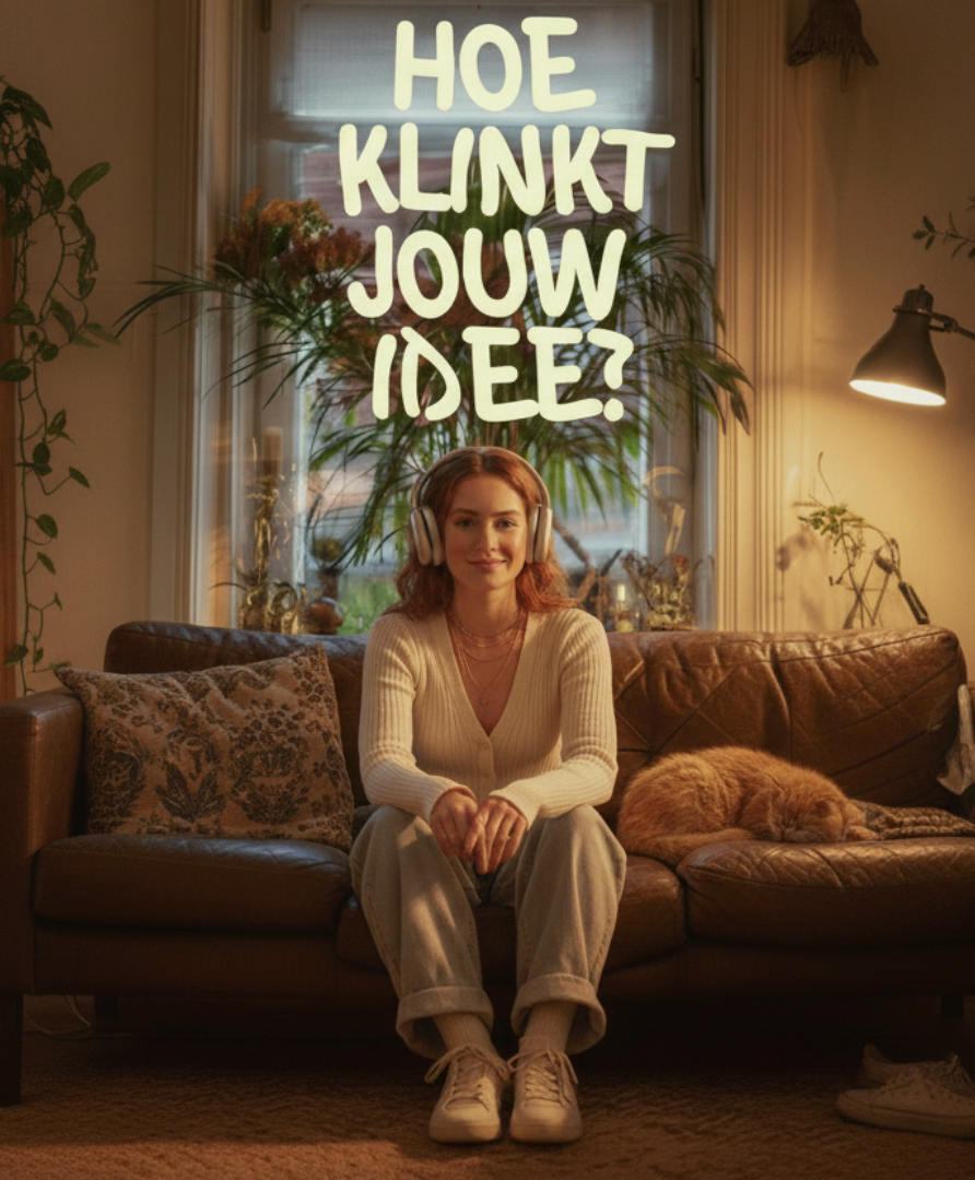 Vrouw met koptelefoon luistert naar gepersonaliseerd liedje op maat in gezellige woonkamer - Liedje Op Maat - Liedje laten maken